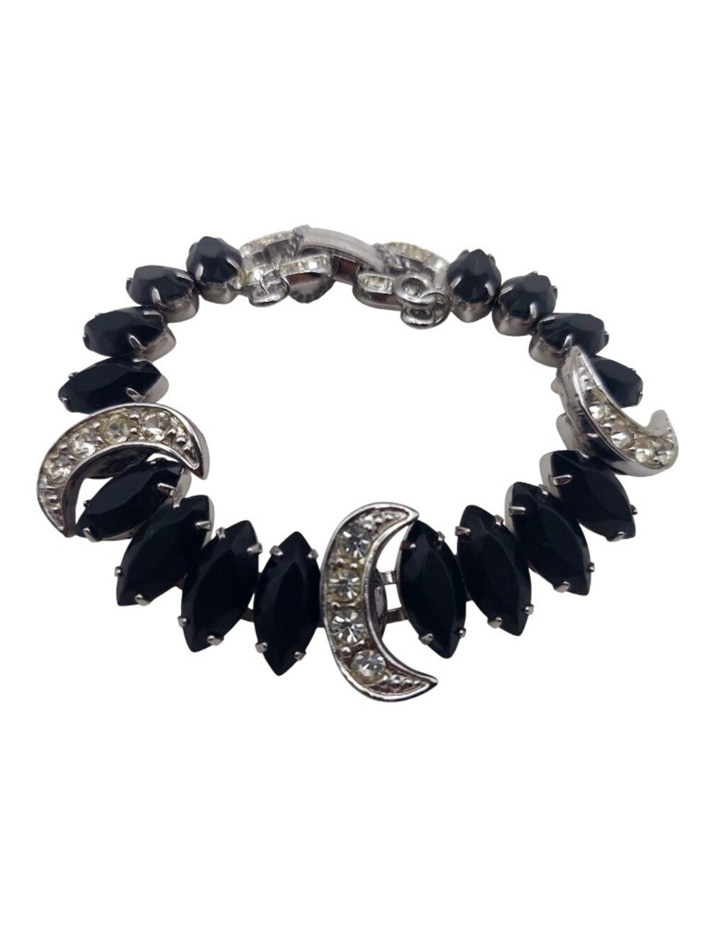 Sarah Coventry Vienna Nights Bracelet Black Glass Rhinestones Crescent Moon 1964